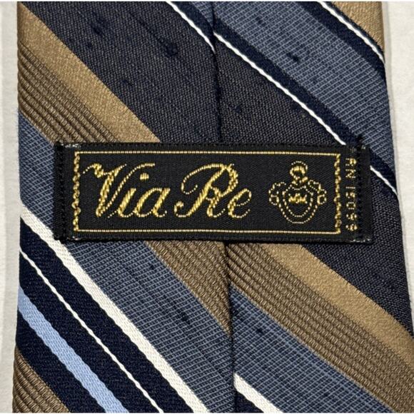 Vintage Via Re Mens Embroidered Crest Textured Regimental Striped Blue Brown Tie - Picture 6 of 7